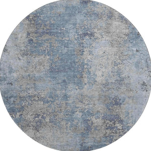 HomeRoots 8' Denim Blue & Gray Abstract Washable Round Rug - Durable, UV-Protected, Modern Design for Homes 701452