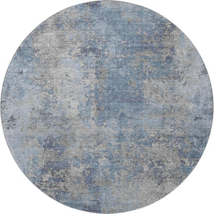 HomeRoots 8' Denim Blue & Gray Abstract Washable Round Rug - Durable, UV-Protected, Modern Design for Homes 701452