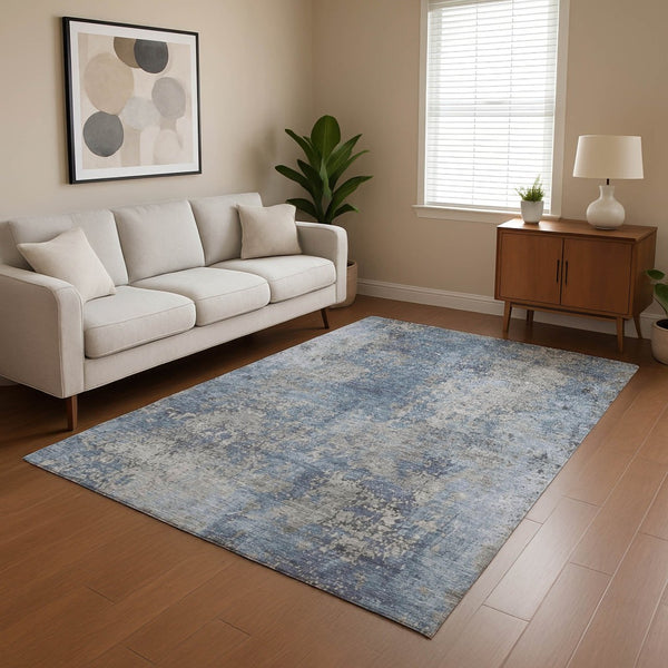 HomeRoots 10' X 14' Denim Blue & Gray Abstract Area Rug - Durable, Low-Maintenance, UV Protected for Homes 701455