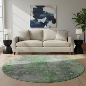 HomeRoots 8' Green and Gray Abstract Round Rug - Washable, UV Protected, Durable & Stylish for Modern Spaces 701458