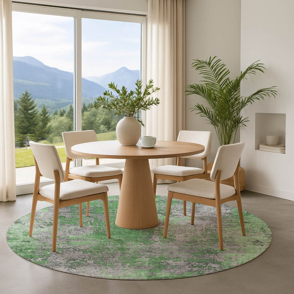HomeRoots 8' Green and Gray Abstract Round Rug - Washable, UV Protected, Durable & Stylish for Modern Spaces 701458