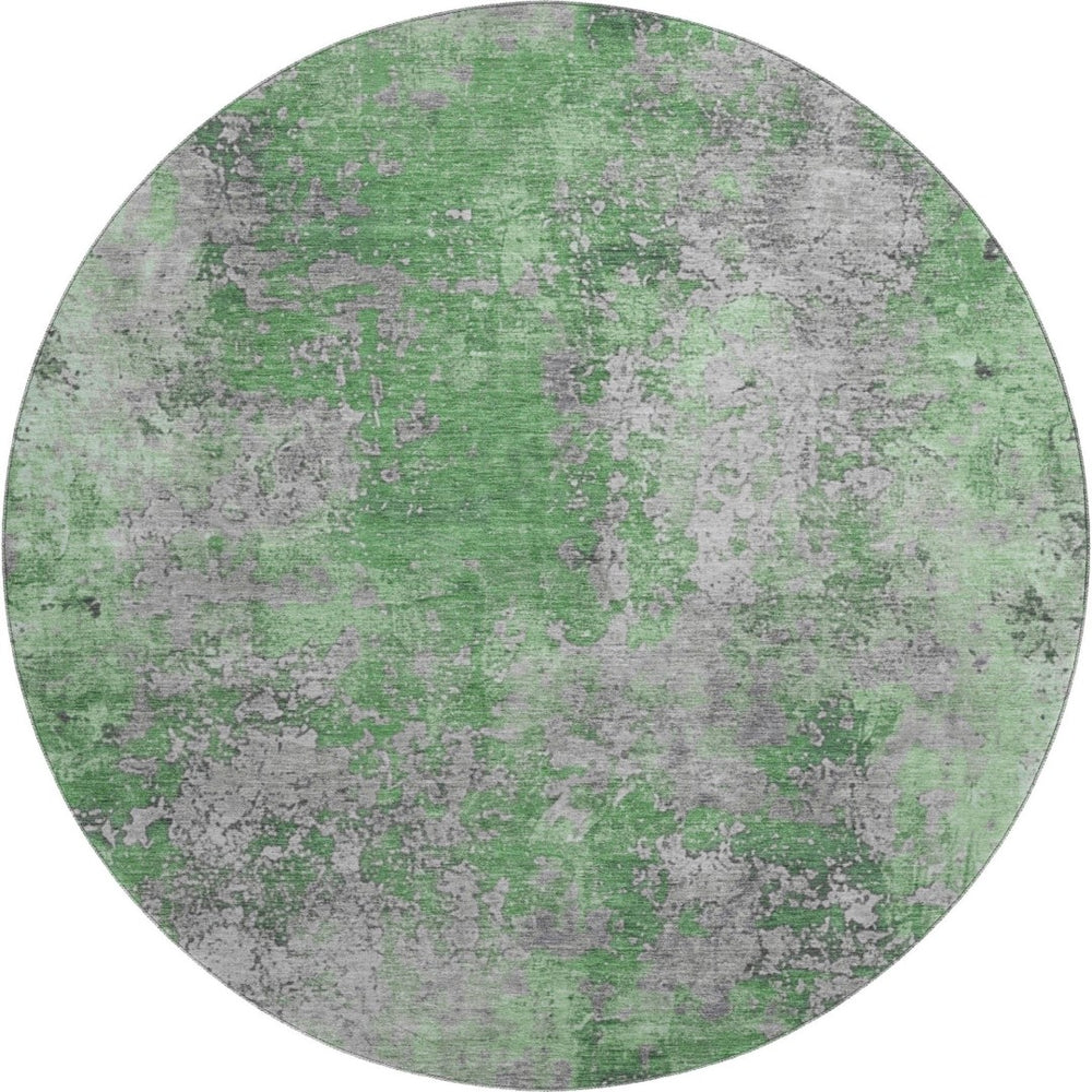 HomeRoots 8' Green and Gray Abstract Round Rug - Washable, UV Protected, Durable & Stylish for Modern Spaces 701458