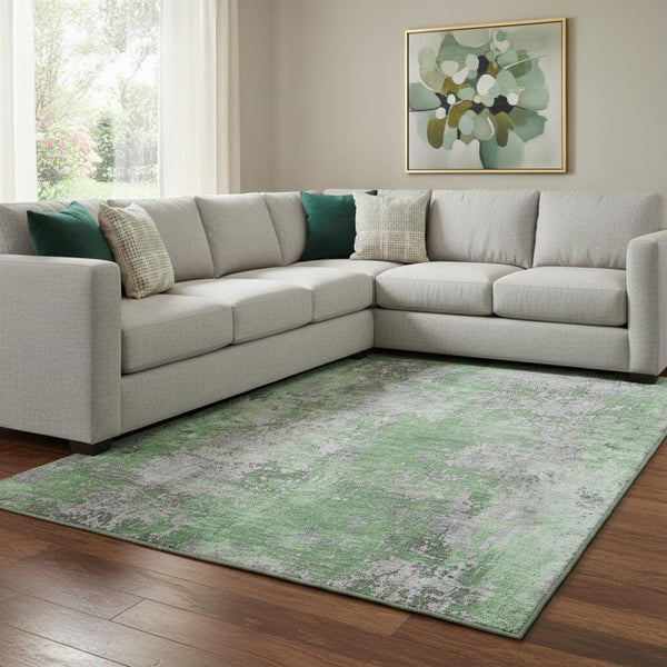 HomeRoots 8' X 10' Modern Green and Gray Abstract Washable Area Rug with UV Protection for Family Spaces 701459