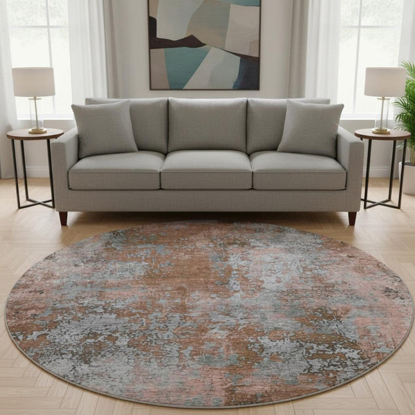 HomeRoots 8' Rust and Gray Abstract Round Rug - Washable, UV Protected, Stylish, and Durable for High Traffic Areas 701464
