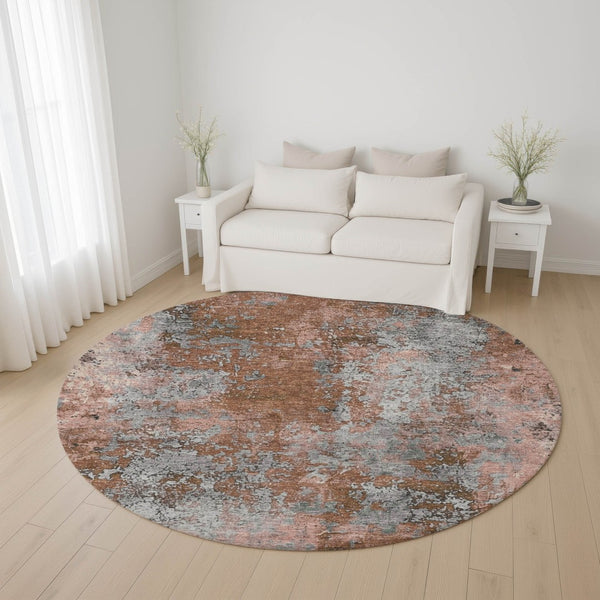 HomeRoots 8' Rust and Gray Abstract Round Rug - Washable, UV Protected, Stylish, and Durable for High Traffic Areas 701464