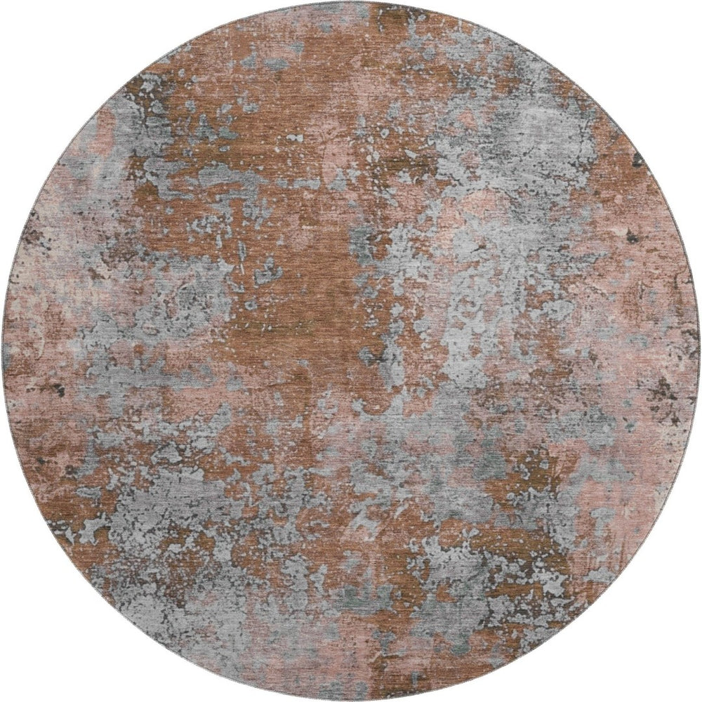 HomeRoots 8' Rust and Gray Abstract Round Rug - Washable, UV Protected, Stylish, and Durable for High Traffic Areas 701464