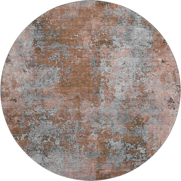 HomeRoots 8' Rust and Gray Abstract Round Rug - Washable, UV Protected, Stylish, and Durable for High Traffic Areas 701464