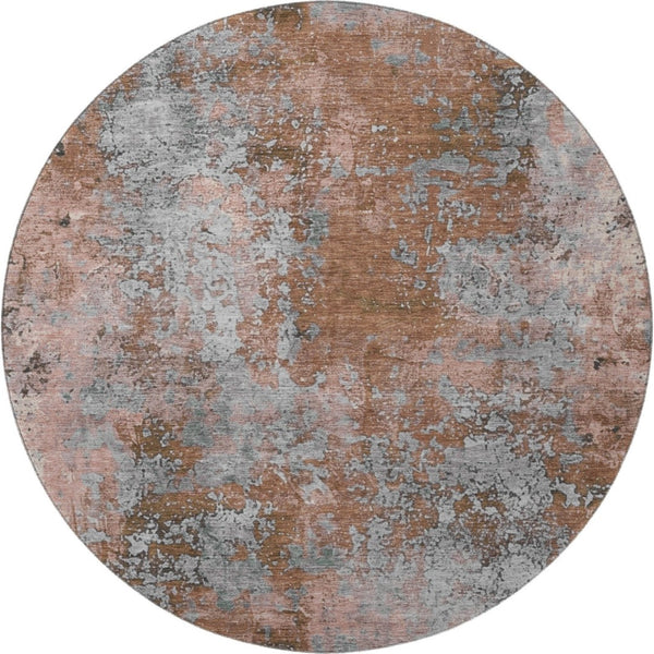 HomeRoots 8' Rust and Gray Abstract Round Rug - Washable, UV Protected, Stylish, and Durable for High Traffic Areas 701464