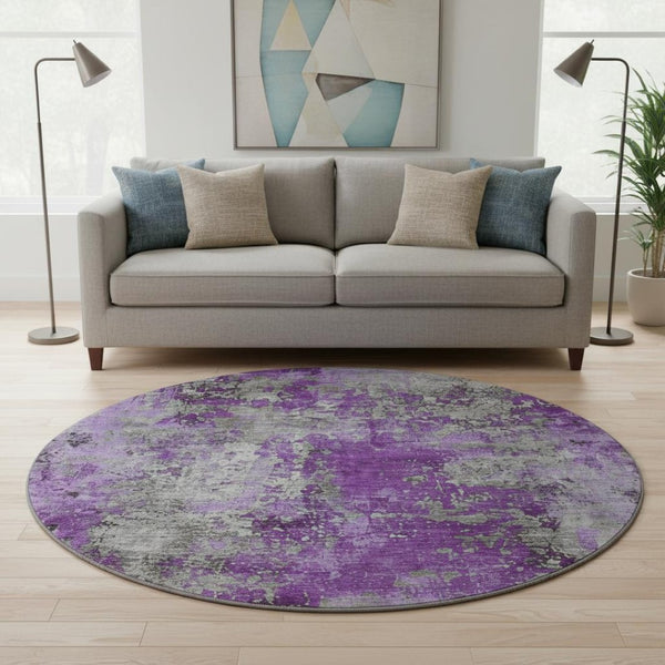 HomeRoots 8' Modern Purple and Gray Abstract Round Rug - Washable, UV-Protected, Durable for High-Traffic Areas 701470