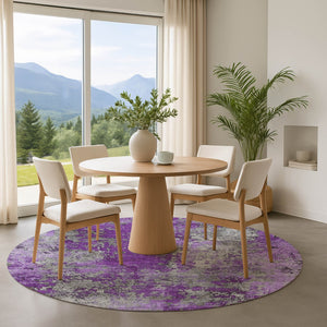 HomeRoots 8' Modern Purple and Gray Abstract Round Rug - Washable, UV-Protected, Durable for High-Traffic Areas 701470
