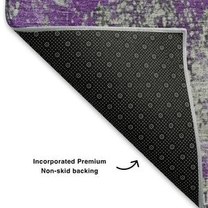 HomeRoots 8' Modern Purple and Gray Abstract Round Rug - Washable, UV-Protected, Durable for High-Traffic Areas 701470