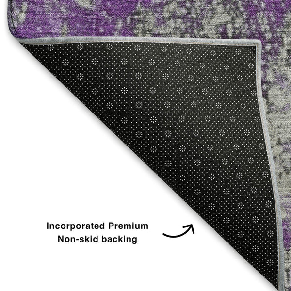 HomeRoots 8' Modern Purple and Gray Abstract Round Rug - Washable, UV-Protected, Durable for High-Traffic Areas 701470