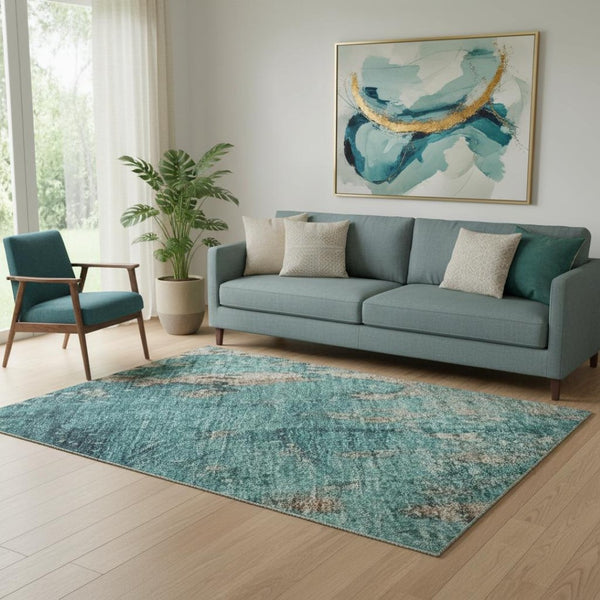 HomeRoots 5' X 8' Stylish Teal and Beige Abstract Washable Area Rug with UV Protection for Easy Care & Comfort 701475