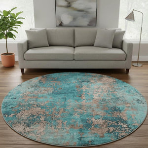 HomeRoots 8' Teal And Beige Abstract Round Rug – Washable, UV-Protected, Stylish & Durable for Any Space 701476