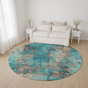 HomeRoots 8' Teal And Beige Abstract Round Rug – Washable, UV-Protected, Stylish & Durable for Any Space 701476