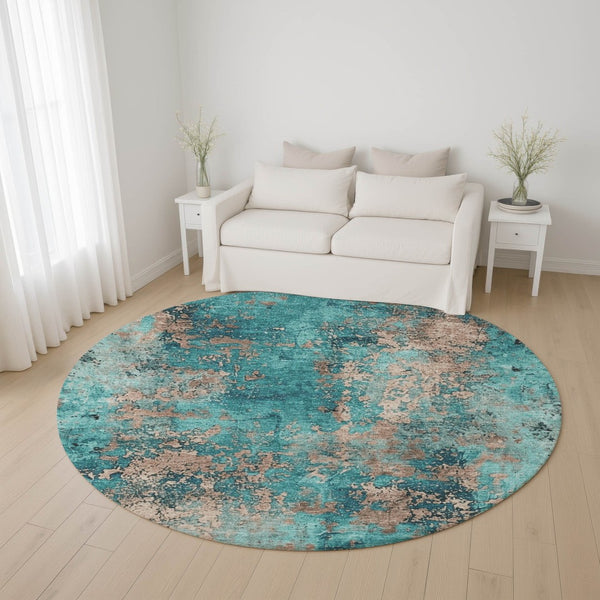 HomeRoots 8' Teal And Beige Abstract Round Rug – Washable, UV-Protected, Stylish & Durable for Any Space 701476