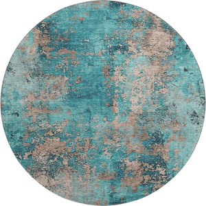 HomeRoots 8' Teal And Beige Abstract Round Rug – Washable, UV-Protected, Stylish & Durable for Any Space 701476