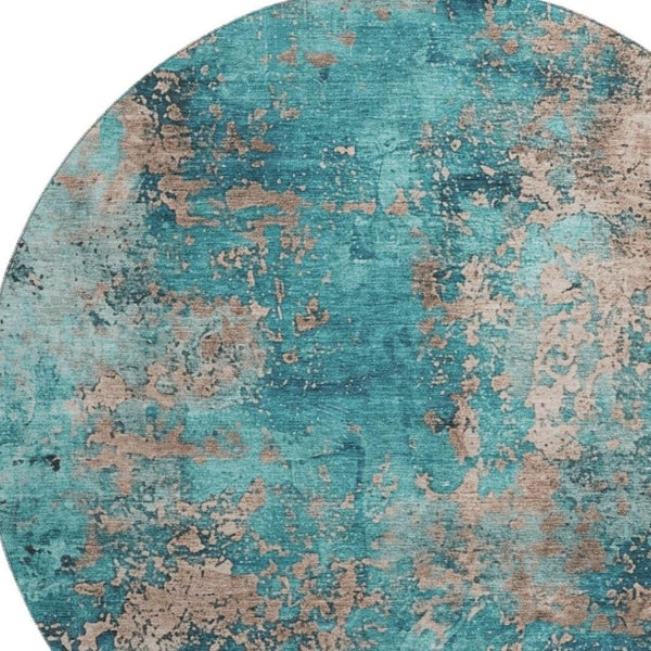 HomeRoots 8' Teal And Beige Abstract Round Rug – Washable, UV-Protected, Stylish & Durable for Any Space 701476