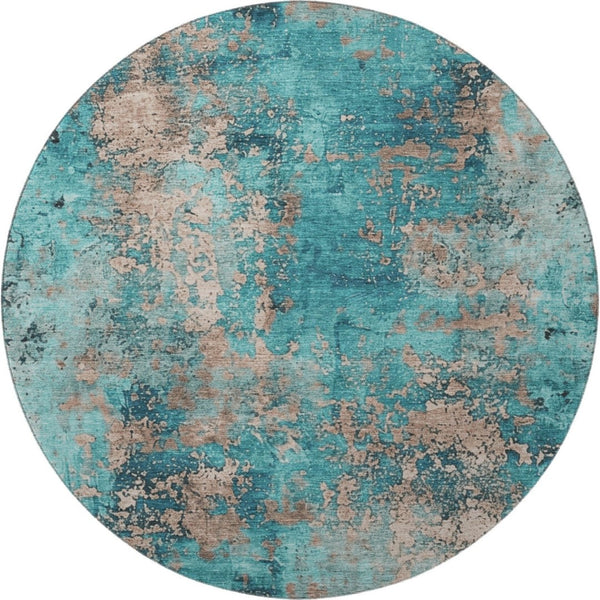 HomeRoots 8' Teal And Beige Abstract Round Rug – Washable, UV-Protected, Stylish & Durable for Any Space 701476