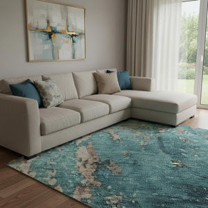 HomeRoots 8' X 10' Modern Teal & Beige Abstract Washable Area Rug with UV Protection for High-Traffic Spaces 701477
