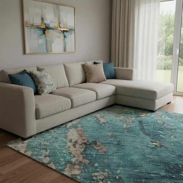 HomeRoots 8' X 10' Modern Teal & Beige Abstract Washable Area Rug with UV Protection for High-Traffic Spaces 701477
