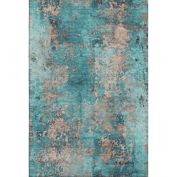 HomeRoots 9' X 12' Teal and Beige Abstract Area Rug - Washable, UV Protected, Durable & Perfect for Homes! 701478