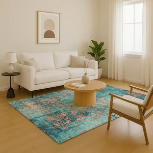 HomeRoots 9' X 12' Teal and Beige Abstract Area Rug - Washable, UV Protected, Durable & Perfect for Homes! 701478