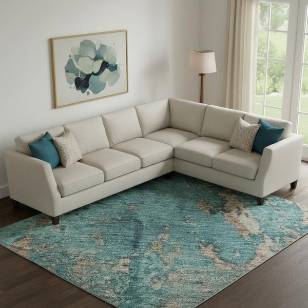 HomeRoots 10' X 14' Teal And Beige Abstract Area Rug - Washable, UV-Protected, Stylish & Durable for Homes 701479