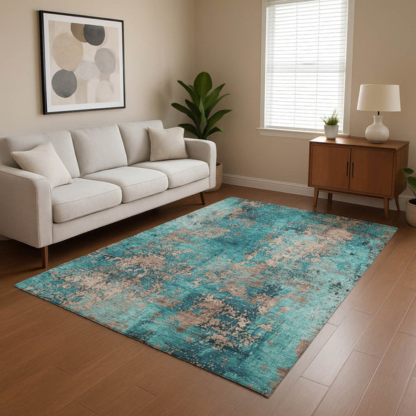 HomeRoots 10' X 14' Teal And Beige Abstract Area Rug - Washable, UV-Protected, Stylish & Durable for Homes 701479