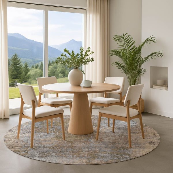 HomeRoots 8' Taupe and Beige Abstract Round Rug - Washable, UV-Protected, Modern Design for Any Space 701482