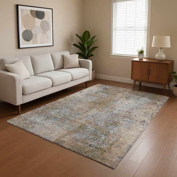 HomeRoots 9' X 12' Taupe and Beige Abstract Area Rug - Washable, UV-Protected, Stain-Resistant for Busy Homes 701484