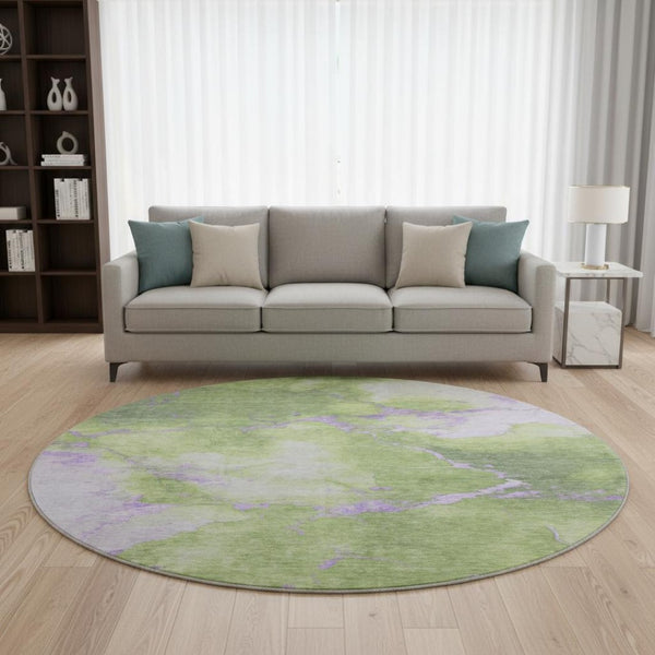 HomeRoots 8' Artichoke Green & Lavender Abstract Washable Round Rug - UV Resistant, Pet-Friendly Design 701488