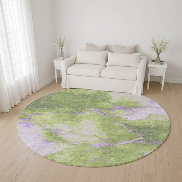HomeRoots 8' Artichoke Green & Lavender Abstract Washable Round Rug - UV Resistant, Pet-Friendly Design 701488