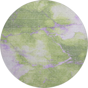 HomeRoots 8' Artichoke Green & Lavender Abstract Washable Round Rug - UV Resistant, Pet-Friendly Design 701488