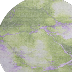 HomeRoots 8' Artichoke Green & Lavender Abstract Washable Round Rug - UV Resistant, Pet-Friendly Design 701488