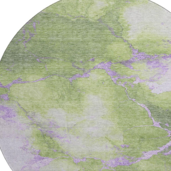 HomeRoots 8' Artichoke Green & Lavender Abstract Washable Round Rug - UV Resistant, Pet-Friendly Design 701488