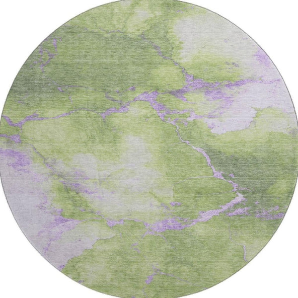 HomeRoots 8' Artichoke Green & Lavender Abstract Washable Round Rug - UV Resistant, Pet-Friendly Design 701488