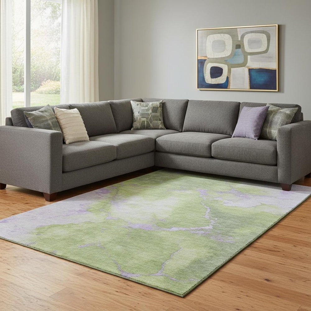 HomeRoots 8' X 10' Artichoke Green & Lavender Abstract Washable Rug - Durable, Stain-Resistant, UV Protected! 701489