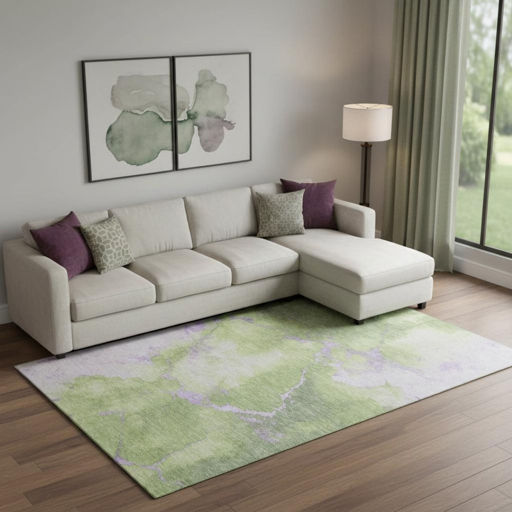HomeRoots 9' X 12' Modern Abstract Artichoke Green & Lavender Washable Area Rug with UV Protection, Soft Feel 701490