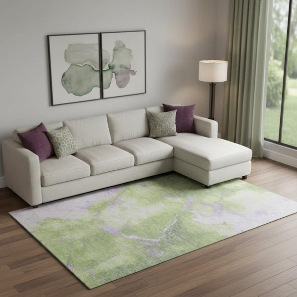 HomeRoots 9' X 12' Modern Abstract Artichoke Green & Lavender Washable Area Rug with UV Protection, Soft Feel 701490