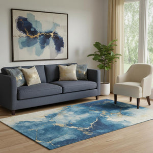 HomeRoots 5' X 8' Navy Blue and Gold Abstract Area Rug - Washable, UV-Protected, Ideal for Families with Pets 701493