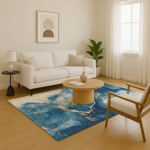 HomeRoots 5' X 8' Navy Blue and Gold Abstract Area Rug - Washable, UV-Protected, Ideal for Families with Pets 701493