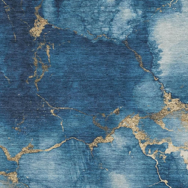 HomeRoots 5' X 8' Navy Blue and Gold Abstract Area Rug - Washable, UV-Protected, Ideal for Families with Pets 701493