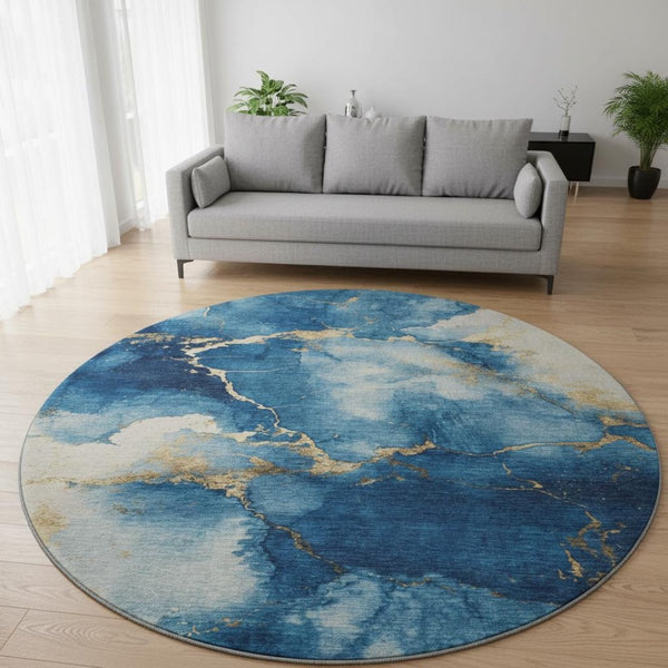 HomeRoots 8' Navy Blue and Gold Abstract Rug - Washable, UV-Protected, Non-Slip Design for Modern Spaces 701494