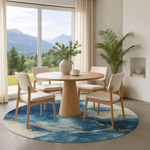 HomeRoots 8' Navy Blue and Gold Abstract Rug - Washable, UV-Protected, Non-Slip Design for Modern Spaces 701494