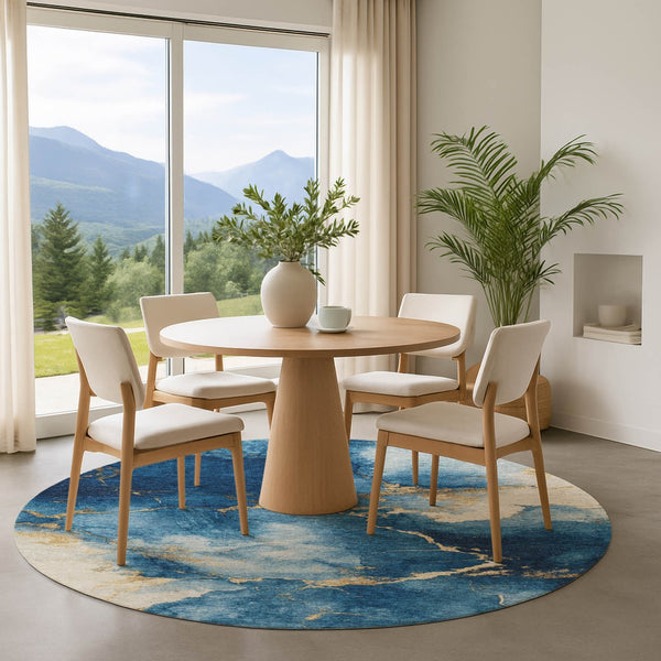 HomeRoots 8' Navy Blue and Gold Abstract Rug - Washable, UV-Protected, Non-Slip Design for Modern Spaces 701494