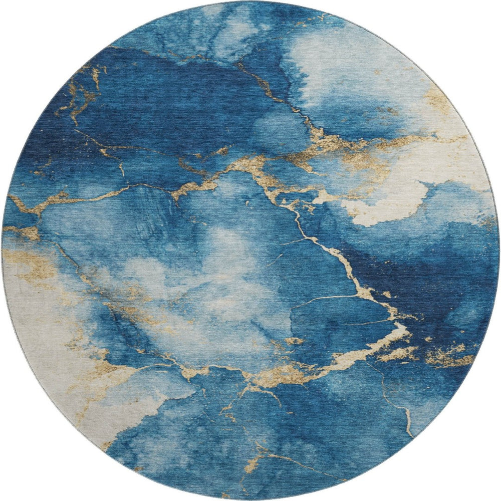 HomeRoots 8' Navy Blue and Gold Abstract Rug - Washable, UV-Protected, Non-Slip Design for Modern Spaces 701494