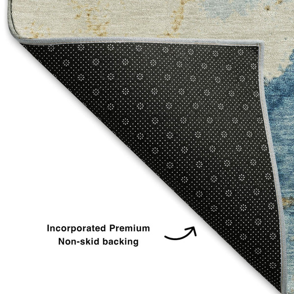 HomeRoots 8' Navy Blue and Gold Abstract Rug - Washable, UV-Protected, Non-Slip Design for Modern Spaces 701494