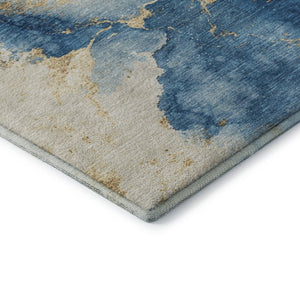 HomeRoots 8' Navy Blue and Gold Abstract Rug - Washable, UV-Protected, Non-Slip Design for Modern Spaces 701494