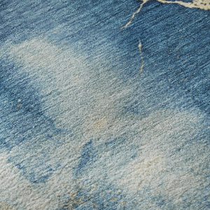 HomeRoots 8' Navy Blue and Gold Abstract Rug - Washable, UV-Protected, Non-Slip Design for Modern Spaces 701494